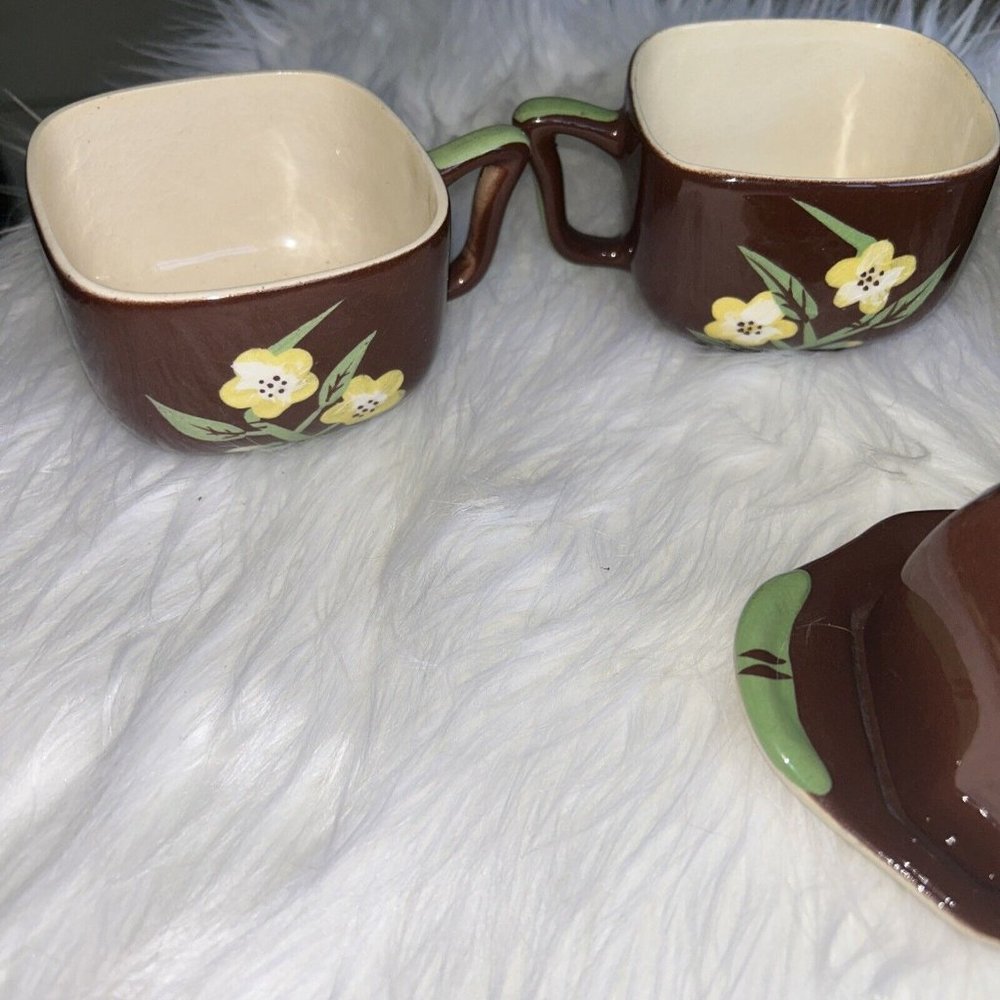 VINTAGE HAND-PAINTED TEAPOTS & BUTTER DISH SET (5 PCS) | Floral - Picture 3 of 9